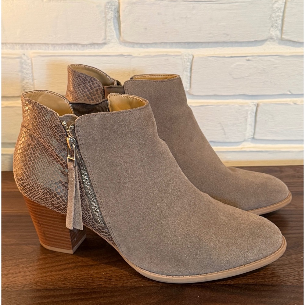 Vionic Anne Taupe Suede Snakeskin Ankle Boots Western Womens 10 WIDE WIDTH Comfy